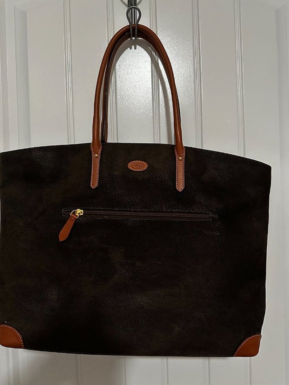 Brics Life Collection Dark Brown Micro-Suede Laptop Tote with Cognac Leather